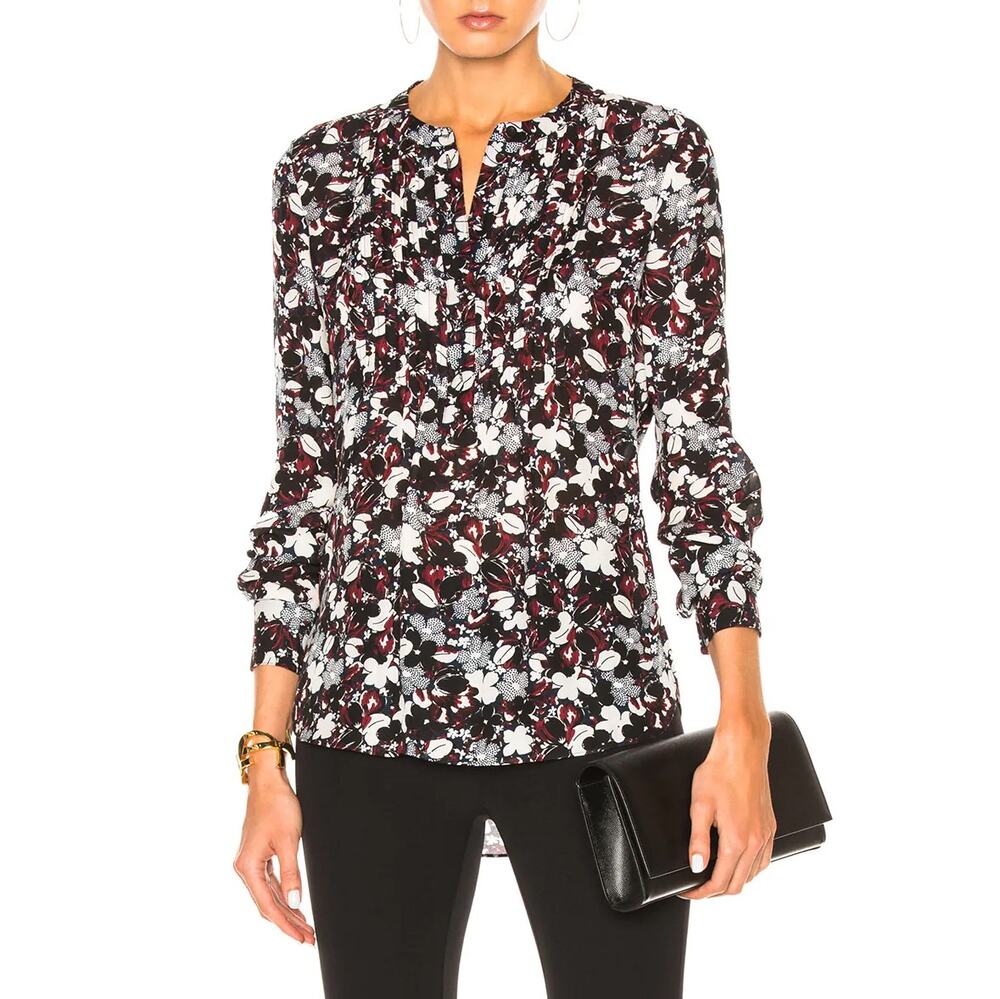 Veronica Beard Goldie Pintuck Pleat Blouse Floral Print 100% Silk SZ 6